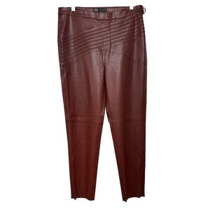 Zara Vegan Leather Pull On Pants Womens Sz XL Dark Red Grunge Punk Adjustable